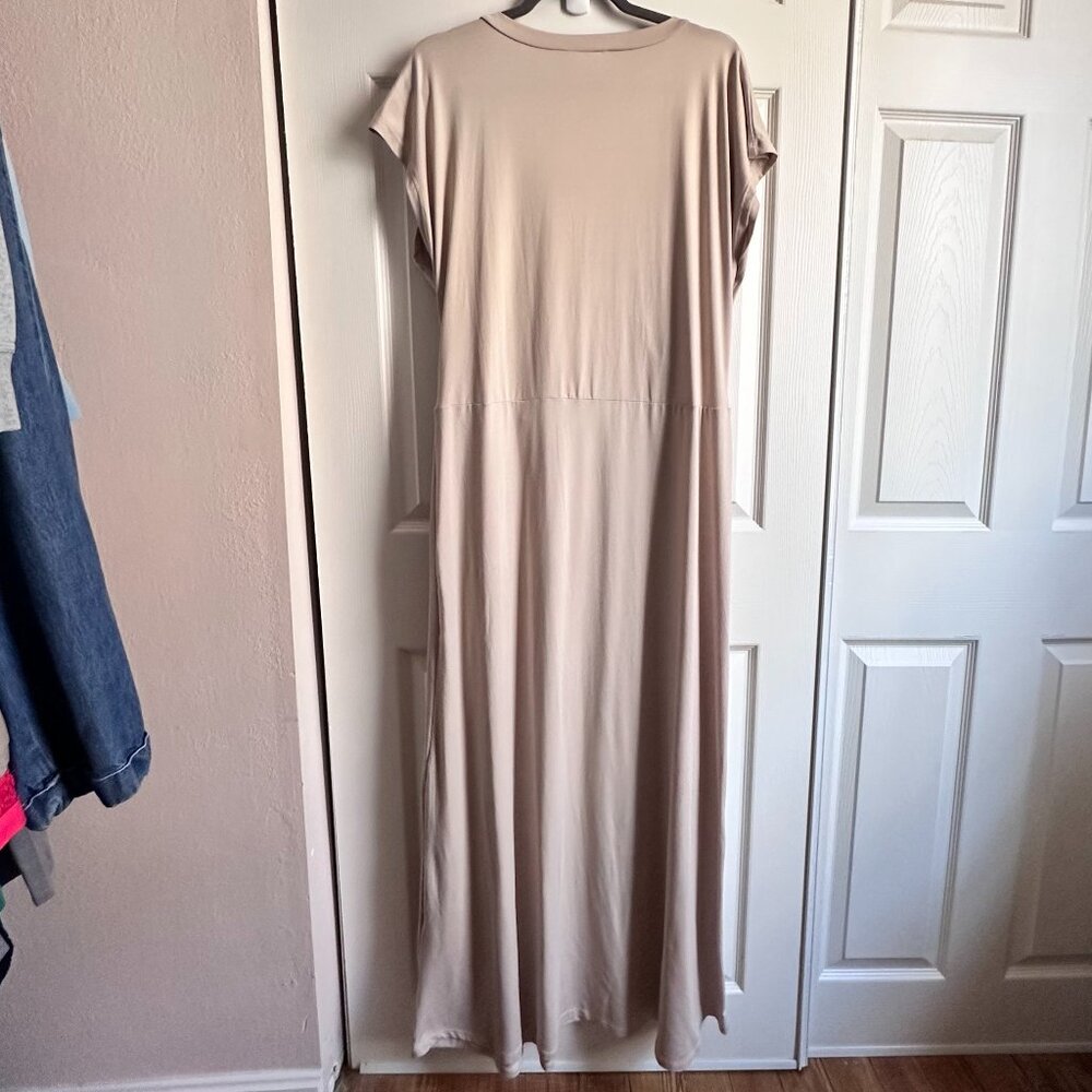 DoubleJu Womens 3X Beige Taupe Jersey Draped Faux Wrap Cap Sleeve Maxi Dress - Picture 2 of 10